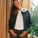 Claudine Wool Blend Shirt in Navy Pinstripe