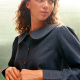 Claudine Wool Blend Shirt in Navy Pinstripe