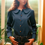 Claudine Wool Blend Shirt in Navy Pinstripe