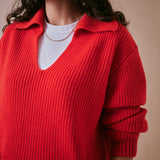 Cowrie Merino Wool Polo Jumper in Red