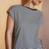 Navy Stripe Roll Back T Shirt