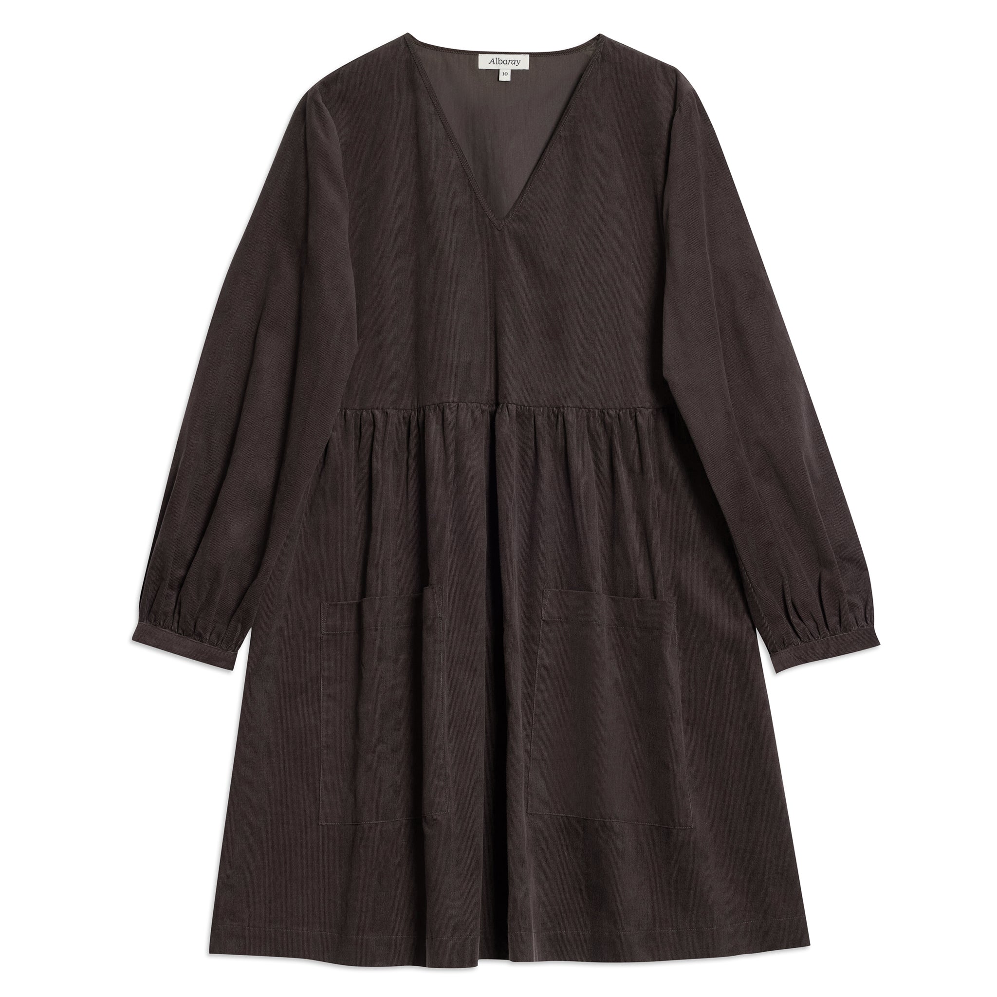 back detail of brown cord dress showcasing sustainable and ethically made corduroy fabric