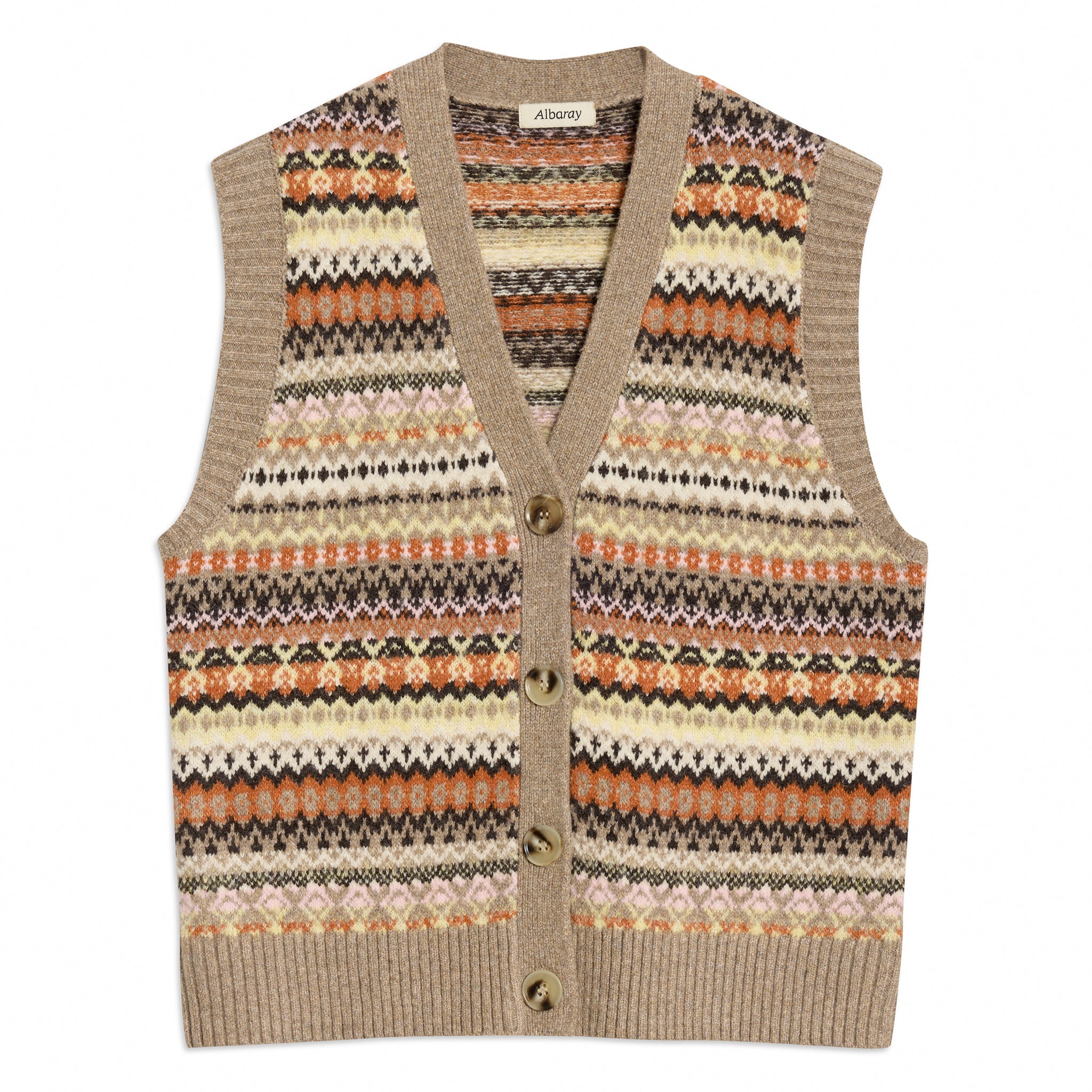 Wool blend fair isle tank featuring classic patterned knit in neutral shades