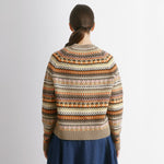 Fair isle cardigan in neutral tones with classic crew neck wool blend knit