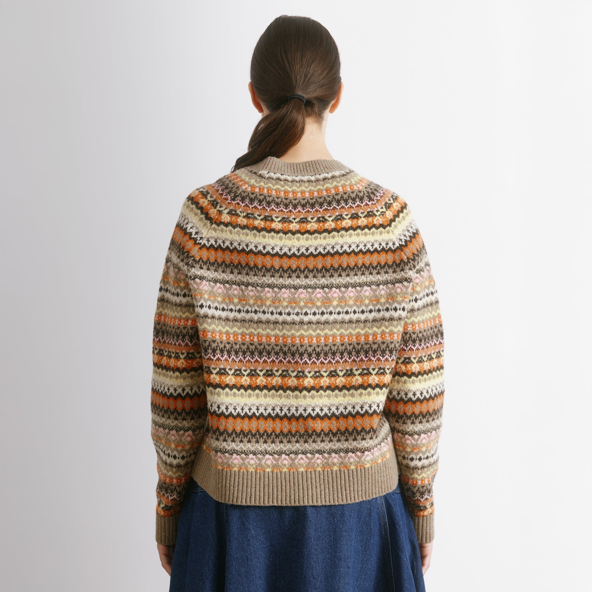 Fair isle cardigan in neutral tones with classic crew neck wool blend knit
