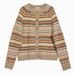Wool blend fair isle cardigan featuring timeless patterned knit design