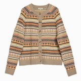 Wool blend fair isle cardigan featuring timeless patterned knit design