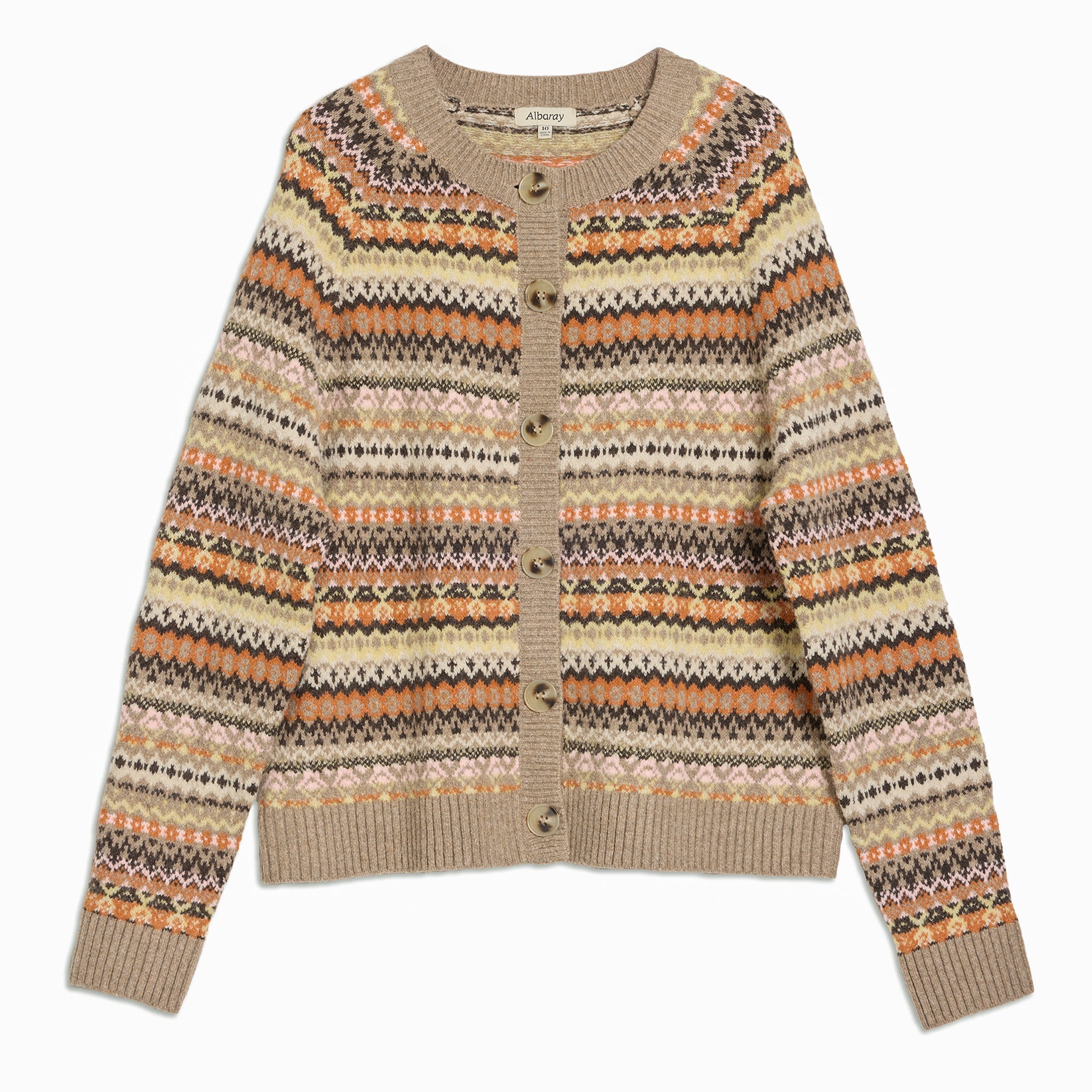 Wool blend fair isle cardigan featuring timeless patterned knit design