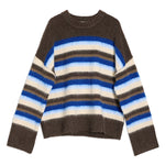 Brushed stripe knitwear featuring chocolate tones and blue accents, ideal winter jumper