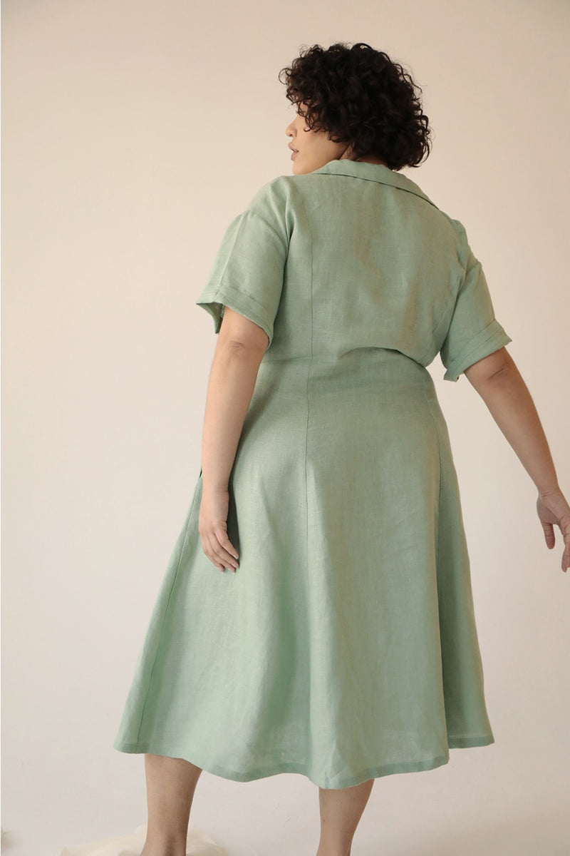 Aja's Linen Dress with Belt in Mint Green/Black by Lora Gene