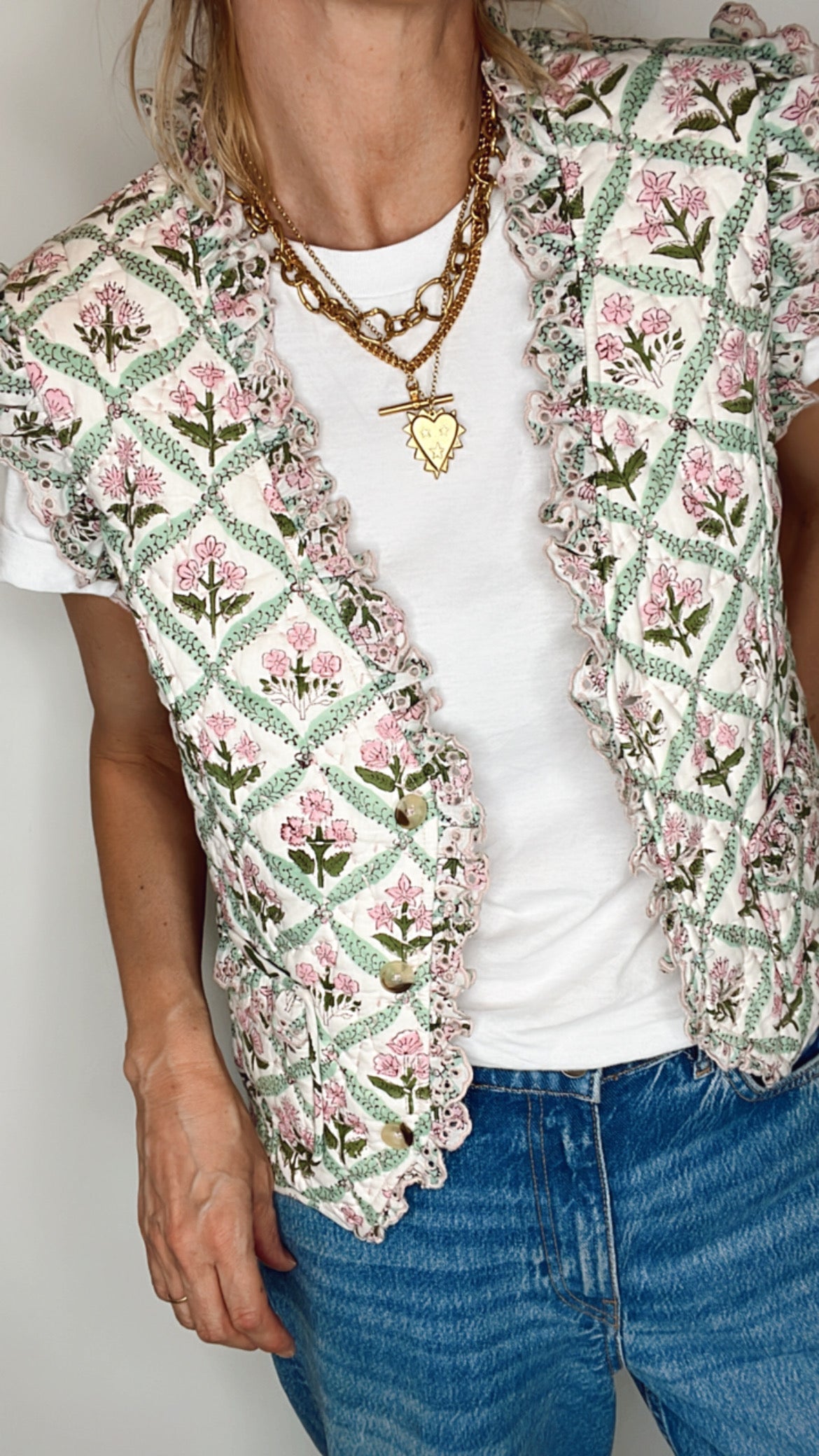 Dianne Cotton Woodblock Quilted Waistcoat by 46 Stitch