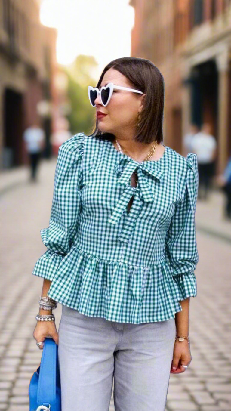 Bethany Tie Front Blouse In Green Gingham by The Well Worn