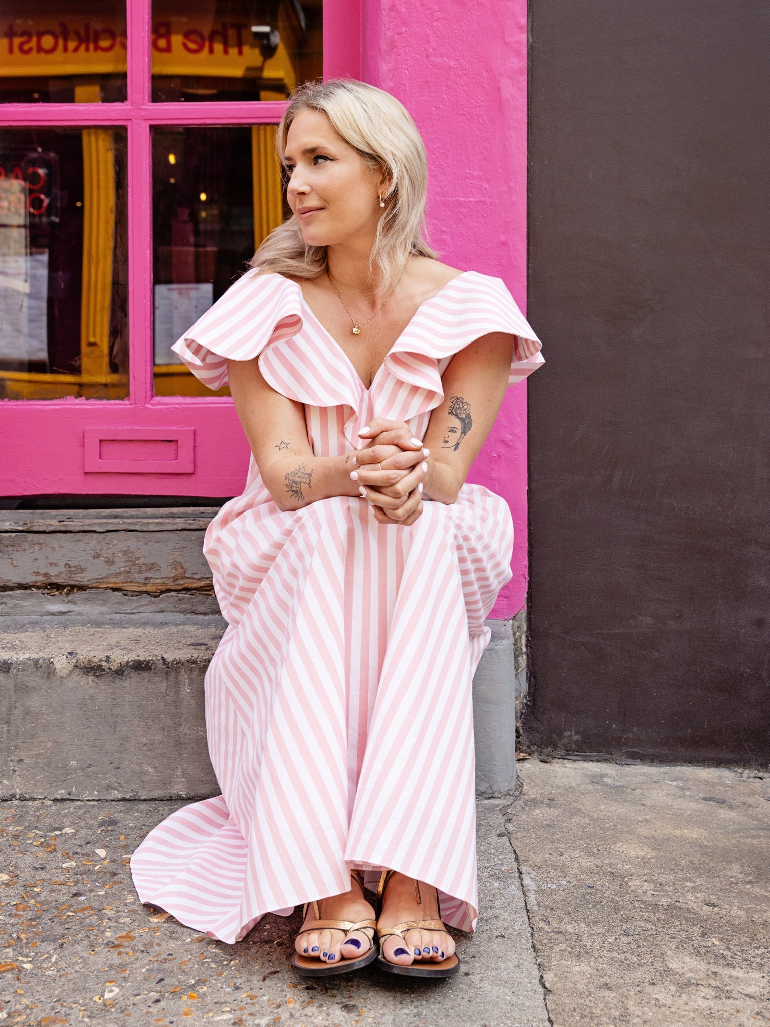 Love, Anna & Attique Stripe Maxi Dress in Peony by Attique
