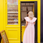 V-neck cotton summer dress featuring a ruffle neckline and A-line maxi silhouette.