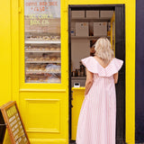 V-neck cotton summer dress featuring a ruffle neckline and A-line maxi silhouette.