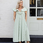 green stripe V-neck cotton summer dress with ruffle neckline and flattering A-line maxi silhouette.