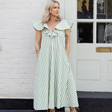 green stripe V-neck cotton summer dress with ruffle neckline and flattering A-line maxi silhouette.