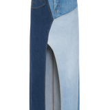 High Waisted Upcycled Patchwork Denim Long Skirt with Slit