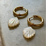 Gold plated hoop earrings with mother of pearl detailing, elegant and lightweight design.