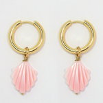 Delicate gold plated earrings with mother of pearl drops and hoop style.