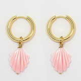 Delicate gold plated earrings with mother of pearl drops and hoop style.