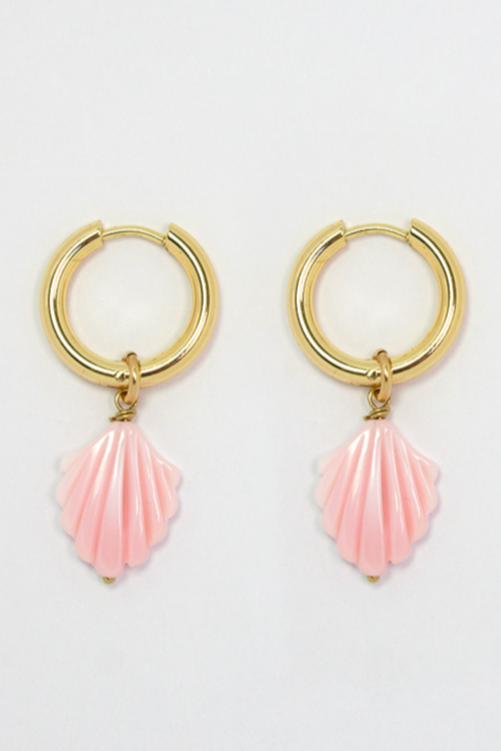 Delicate gold plated earrings with mother of pearl drops and hoop style.