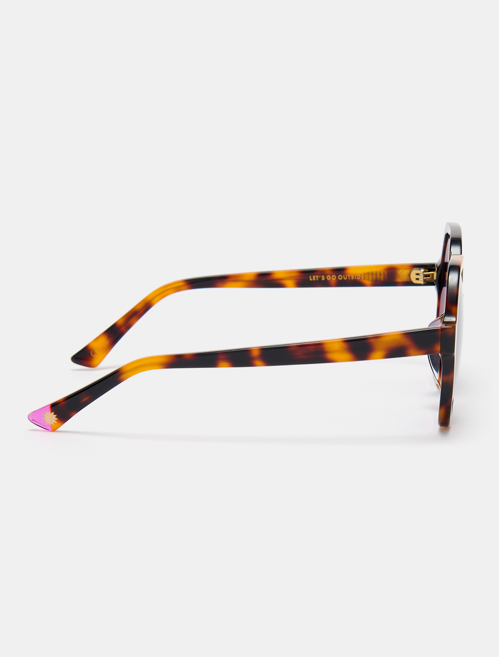 Side view of tortoiseshell sunglasses showcasing the curved arms and lens shape.