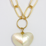 Stylish gold plated chunky chain necklace featuring a delicate mother of pearl charm.