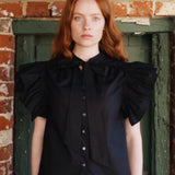 Mia Frill Blouse in Black Cotton