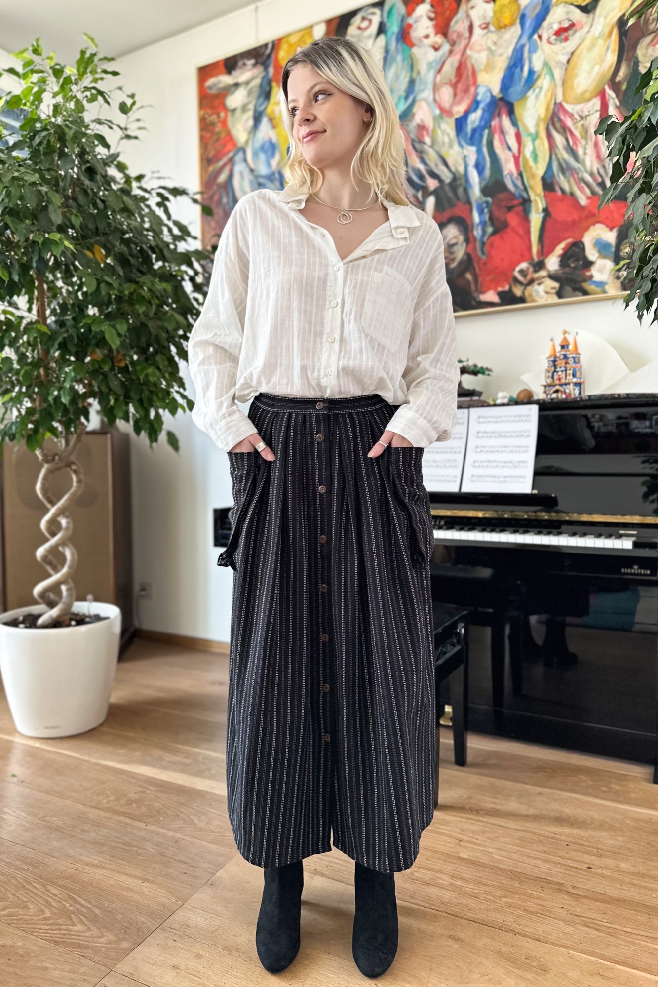 Ruth Stripe Midi Skirt in Black & White Stripe by Indilisi