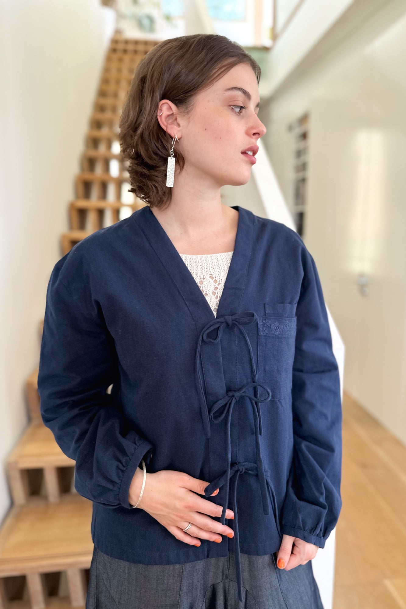 Shay Asymmetric Tie Jacket in Navy Twill by Indilisi