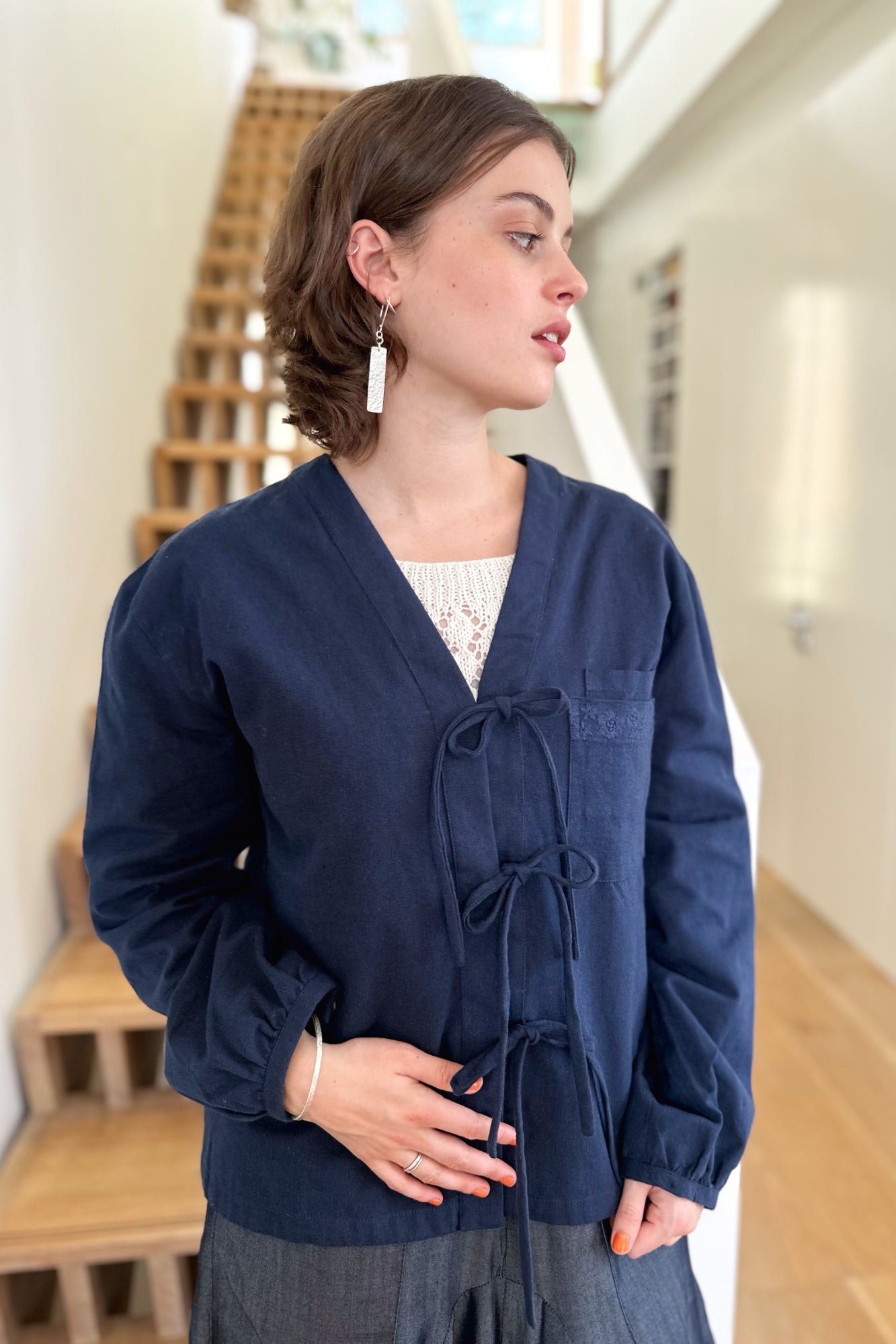 Shay Asymmetric Tie Jacket in Navy Twill by Indilisi