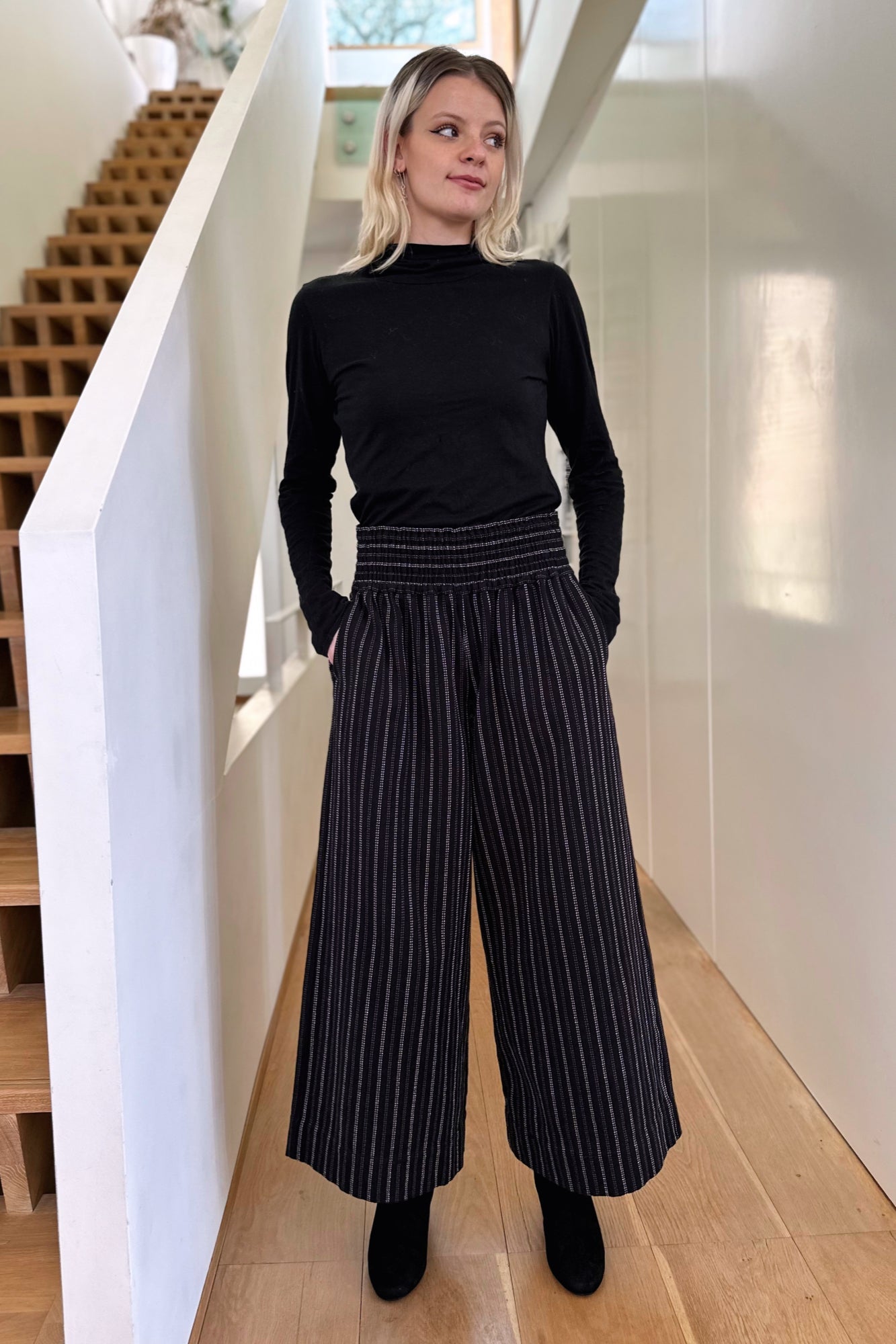 Wide Leg Trousers in Black & White Stripe by Indilisi