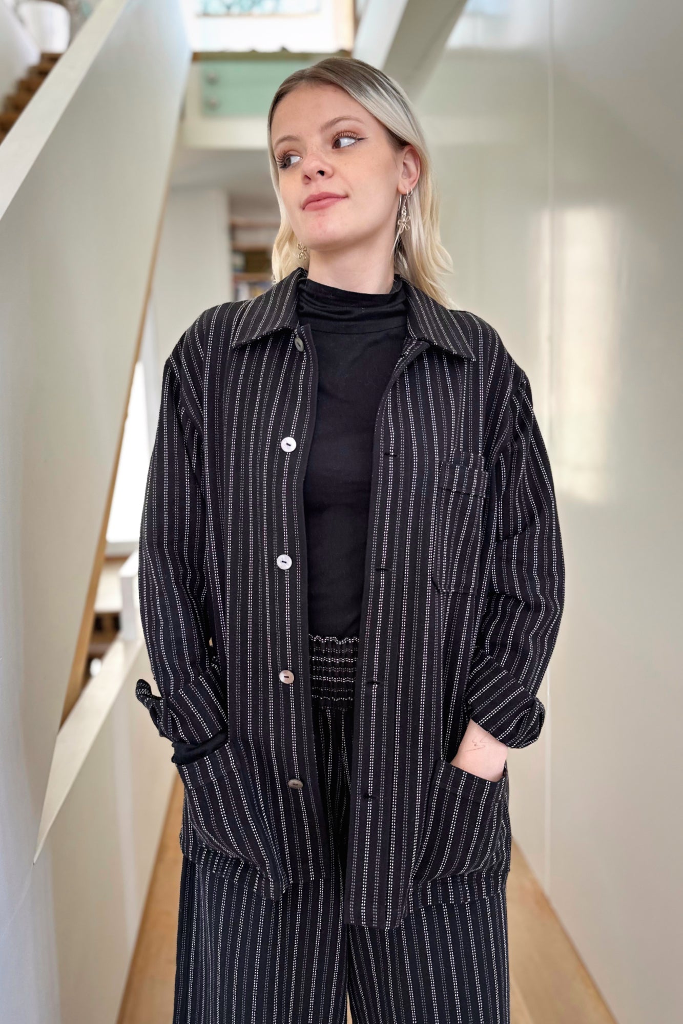 Utility Jacket in Black & White Stripe by Indilisi