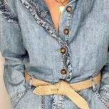 Handmade women's belt laid flat showing natural woven pattern and biodegradable materials.