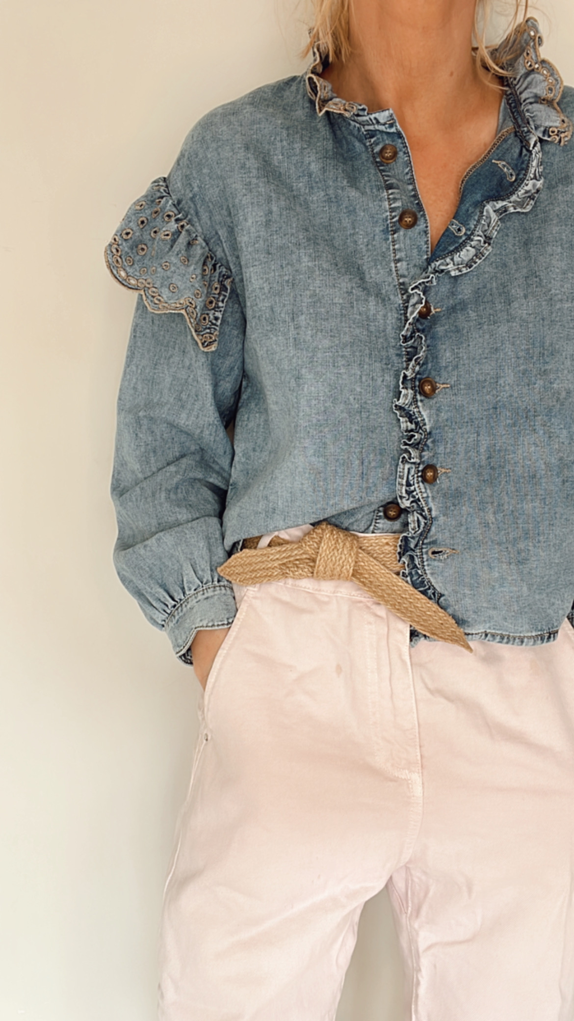 Biodegradable tie belt styled with natural light highlighting fiber details.