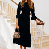 Victoria Round Neck Corduroy Midi Dress in Black