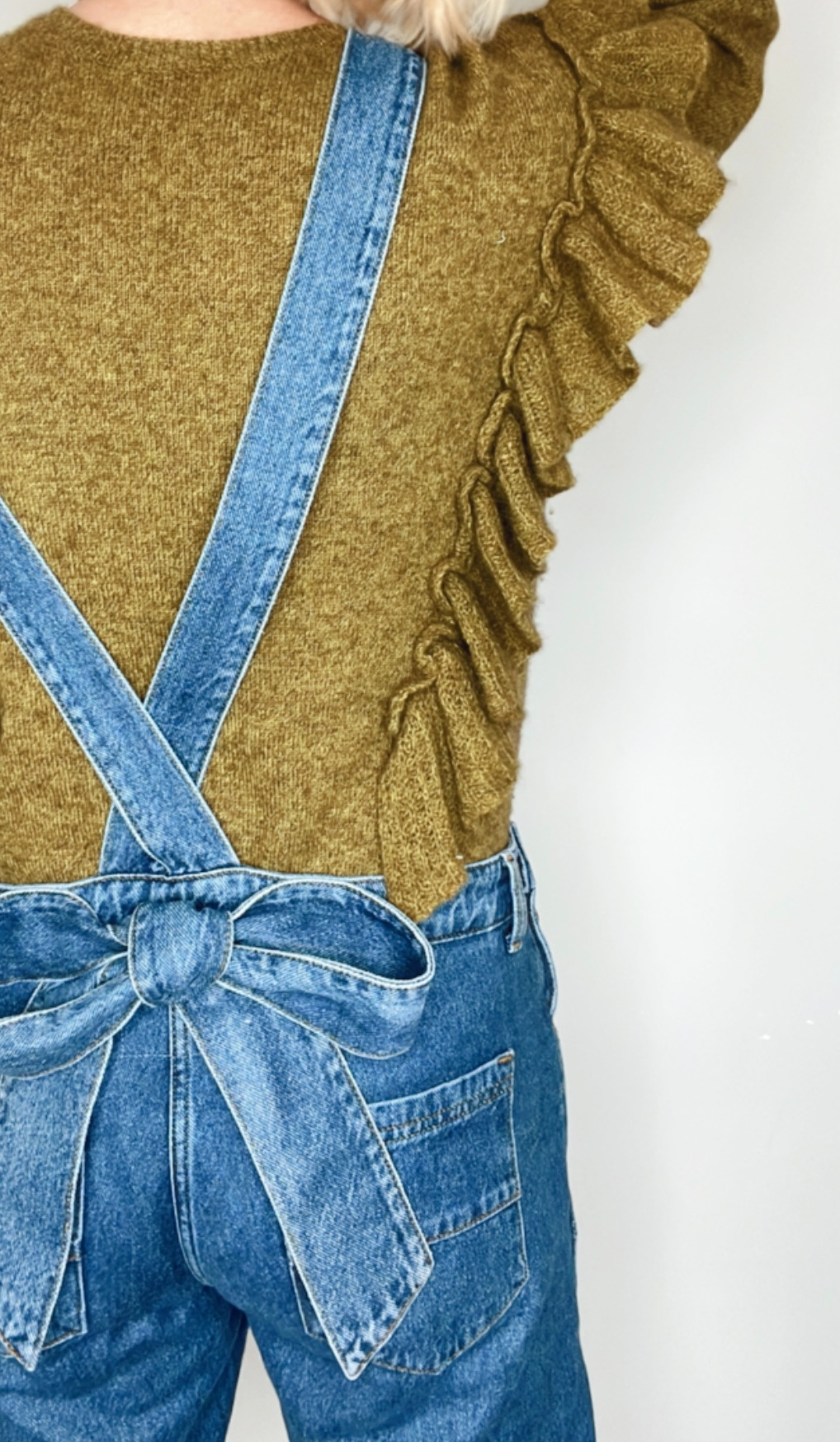 bow back denim dungarees 46 stitch