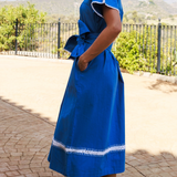 Mexican Crochet Kaftan Dress in Ocean Blue and White