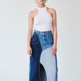 High Waisted Upcycled Patchwork Denim Long Skirt with Slit