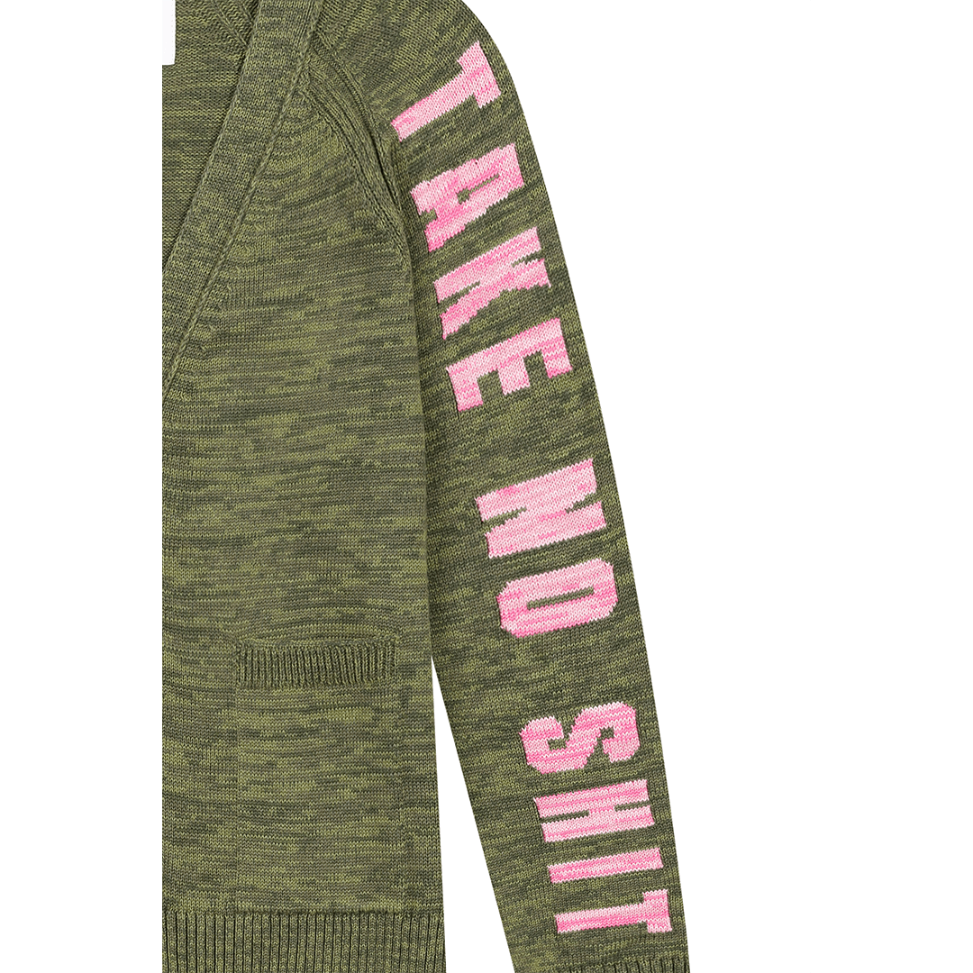Do No Harm Take No Shit  Organic Cotton Cardigan in Olive Marl Cardigans Black & Beech