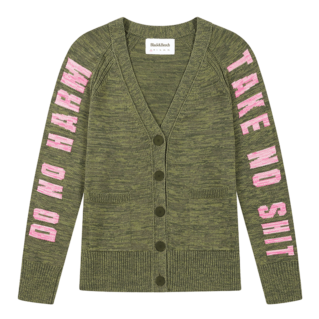Do No Harm Take No Shit  Organic Cotton Cardigan in Olive Marl Cardigans Black & Beech