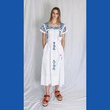 Mexican Embroidered Kaftan in Blue and White