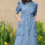 Rosa Puff Sleeve Shirtdress in Blue Light Wash Japanese Denim