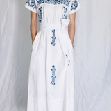 Mexican Embroidered Kaftan in Blue and White
