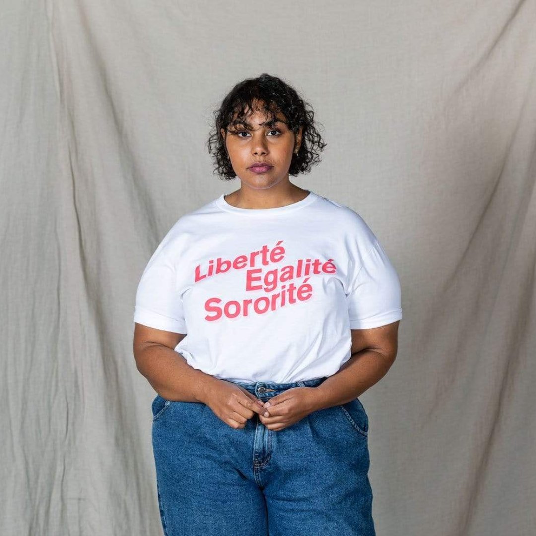 Liberté, Egalité, Sororité White Organic Cotton T-Shirt Black & Beech