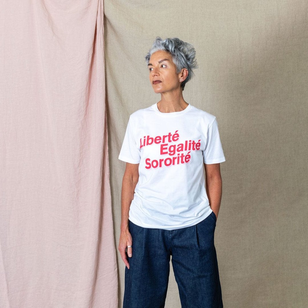 Liberté, Egalité, Sororité White Organic Cotton T-Shirt Black & Beech