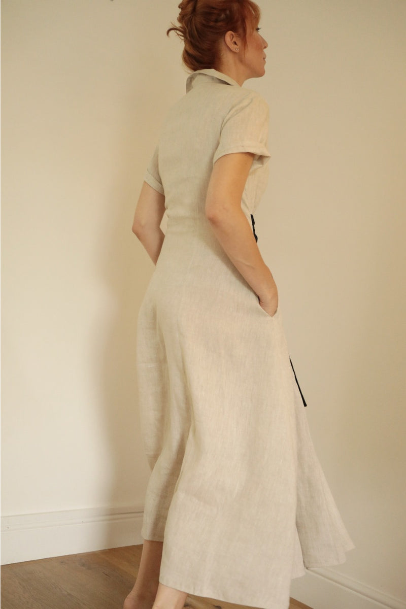 Aja's Linen Dress with Belt in Beige/Black by Lora Gene