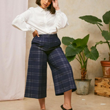 Amelia Wide Leg Culotte Trousers in Navy Check Deadstock Cotton