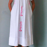 Mexican Embroidered Kaftan Dress in Pink and White